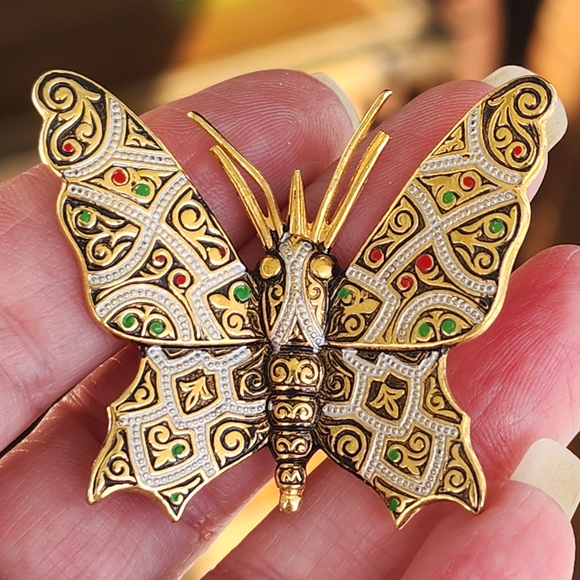 Damascene Jewelry - Elegant Vintage Gold and Green Damascene Butterfly Brooch Costume Jewelry